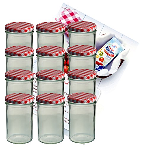 MamboCat 12er Set Sturzglas 435 ml Marmeladenglas Einmachglas Einweckglas to 82 rot Karierter Deckel incl. Diamant-Zucker Gelierzauber Rezeptheft von MamboCat