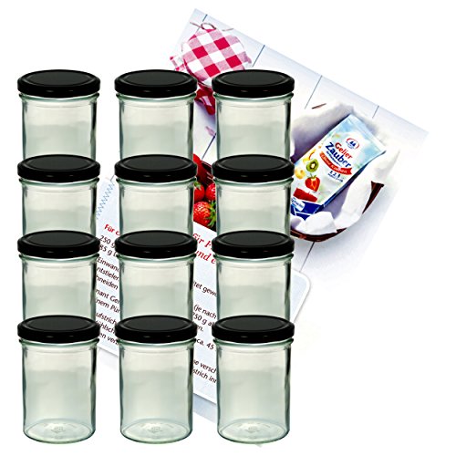 MamboCat 12er Set Sturzglas 435 ml Marmeladenglas Einmachglas Einweckglas to 82 schwarzer Deckel incl. Diamant-Zucker Gelierzauber Rezeptheft von MamboCat