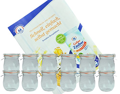 MamboCat 12er Set Weckgläser 220 ml Tulpenform mit Deckel Einkochring Klammern I Original Weck Tulpenglas I Einweckgläser für Obst Gemüse UVM I inkl. Diamant-Zucker Gelierzauber Rezeptheft von MamboCat