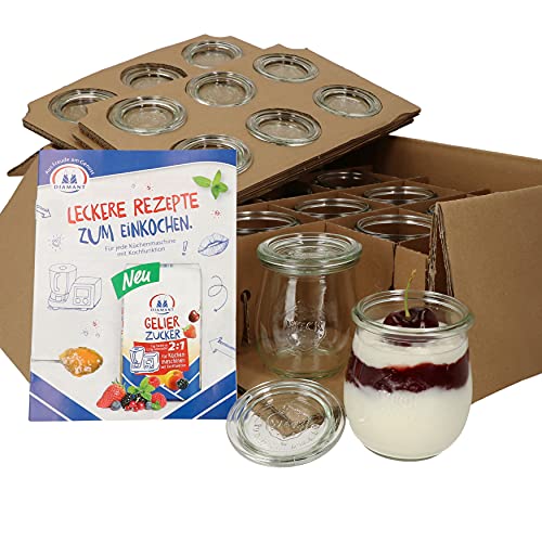 MamboCat 12er Set Weckgläser mit Glasdeckel 220 ml I Original Weck Tulpenglas Joghurtglas, Dessertglas I Einweckgläser mit Deckel für Dips Aufstrich I inkl. Diamant-Zucker Gelierzauber Rezeptheft von MamboCat