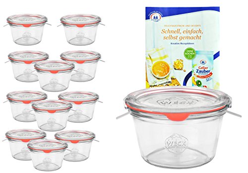 MamboCat 12er Set Weck Gläser 370ml 1/4 Liter Sturzgläser mit 12 Glasdeckeln, 12 Einkochringen und 24 Klammern inkl. Diamant-Zucker Gelierzauber Rezeptheft I Original Weck Sturzgläser von MamboCat