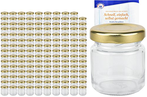 MamboCat 150er Set Rundgläser 53 ml Deckelfarbe gold TO 43 inkl. Diamant Gelierzauber Rezeptheft, Einmachgläser, Einkochgläser, Vorratsgläser, Mini Sturzgläser, Obstgläser, Portionsgläser, Gläser von MamboCat