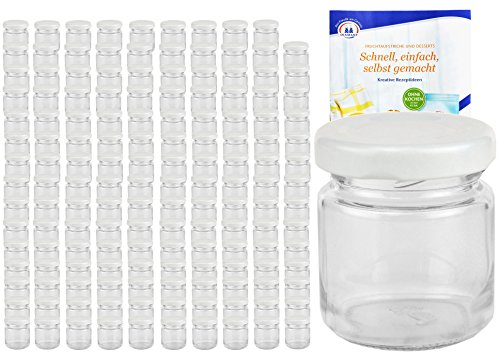 MamboCat 150er Set Rundgläser 53 ml Deckelfarbe weiß TO 43 inkl. Diamant Gelierzauber Rezeptheft, Einmachgläser, Einkochgläser, Vorratsgläser, Mini Sturzgläser, Obstgläser, Portionsgläser, Gläser von MamboCat