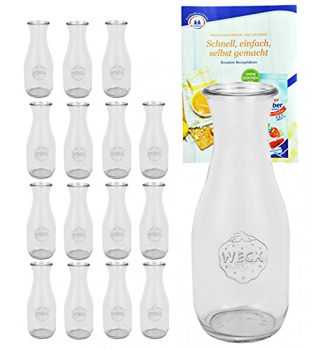 MamboCat 16er Set Weck Gläser 530ml 1/2 Liter Saftflasche inkl. Gelierzauber Rezeptheft I Original Weck Glasflasche I Einweckflaschen für Säfte Saucen Öle uvm I Weck Flaschen ohne Deckel von MamboCat