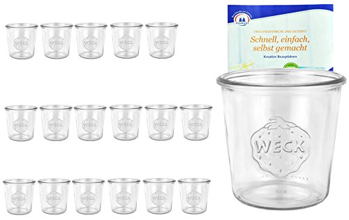 MamboCat 18er Set Weck Gläser 580ml 1/2 Liter Sturzgläser inkl. Gelierzauber Rezeptheft von Diamantzucker I Original Weck Sturzglas ohne Deckel Dessertglas I Einweckgläser für Kuchen Gelees uvm von MamboCat