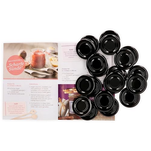 MamboCat 20er Set Deckel to 43, passend für 37 ml / 53 ml Gläser, schwarz lackiert, Schraubdeckel für Sturzgläser, mit Gummidichtung incl. GRATIS Diamant-Zucker Rezeptheft von MamboCat