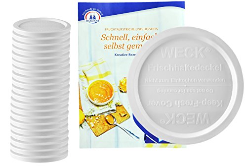 20er Set WECK Frischhaltedeckel für Rundrandglas 100 mm, Kunststoffdeckel, Vorratsgläser verschließen, Schnappdeckel, Kunststoff weiß, passend für WECK-Rundrandgläser RR100, GRATIS Rezeptheft von MamboCat