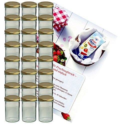 MamboCat 24er Set Sturzglas 435 ml Marmeladenglas Einmachglas Einweckglas to 82 Goldener Deckel incl. Diamant-Zucker Gelierzauber Rezeptheft von MamboCat