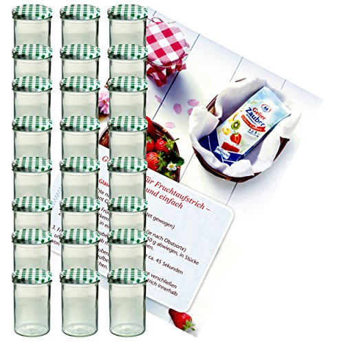 MamboCat 24er Set Sturzglas 435 ml Marmeladenglas Einmachglas Einweckglas to 82 grün Karierter Deckel incl. Diamant-Zucker Gelierzauber Rezeptheft von MamboCat