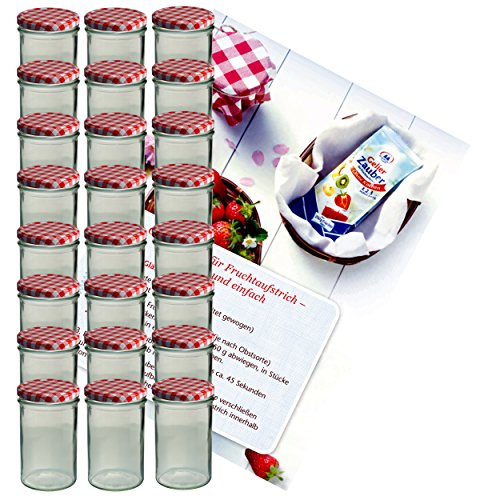 MamboCat 24er Set Sturzglas 435 ml Marmeladenglas Einmachglas Einweckglas to 82 rot Karierter Deckel incl. Diamant-Zucker Gelierzauber Rezeptheft von MamboCat
