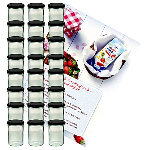 MamboCat 24er Set Sturzglas 435 ml Marmeladenglas Einmachglas Einweckglas to 82 schwarzer Deckel incl. Diamant-Zucker Gelierzauber Rezeptheft von MamboCat