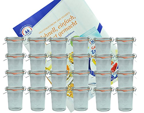 MamboCat 24er Set Weckgläser 160 ml Sturzglas mit Deckel Einkochring Klammern I Original Weck Sturzgläser I Einweckgläser für Kuchen Gelees UVM I inkl. Diamant-Zucker Gelierzauber Rezeptheft von MamboCat