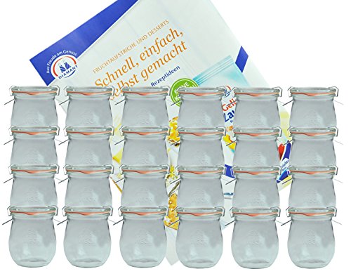 MamboCat 24er Set Weckgläser 220 ml Tulpenform mit Deckel Einkochring Klammern I Original Weck Tulpenglas I Einweckgläser für Obst Gemüse UVM I inkl. Diamant-Zucker Gelierzauber Rezeptheft von MamboCat