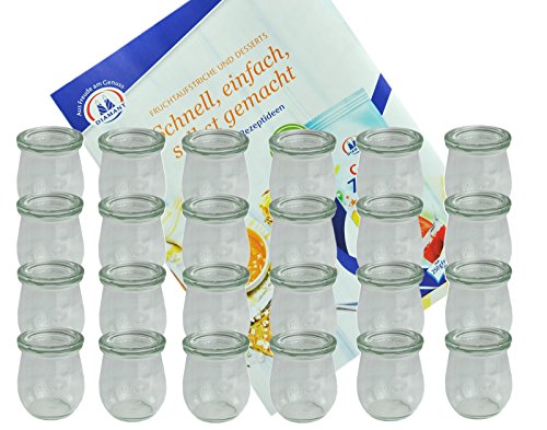 MamboCat 24er Set Weckgläser 220 ml Tulpenform mit Deckel I Original Weck Tulpenglas Dessertglas I Einweckgläser mit Deckel für Obst Gemüse UVM I inkl. Diamant-Zucker Gelierzauber Rezeptheft von MamboCat