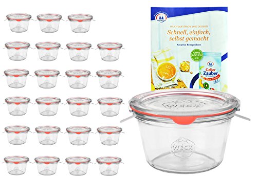 MamboCat 24er Set Weck Gläser 370ml 1/4 Liter Sturzgläser mit 24 Glasdeckeln, 24 Einkochringen und 48 Klammern inkl. Diamant-Zucker Gelierzauber Rezeptheft I Original Weck Sturzgläser von MamboCat