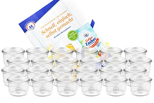 MamboCat 24er Set Weckgläser Sturzglas 80 ml I Original Weck Sturzglas Dessertglas I Einweckgläser für Kuchen Gelees UVM I Sturzgläser ohne Deckel inkl. Diamant-Zucker Gelierzauber Rezeptheft von MamboCat