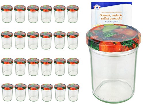 MamboCat 25er Set Sturzgläser 230 ml Hoch Deckelfarbe Obst Dekor to 66 inkl. Diamant Gelierzauber Rezeptheft, Marmeladengläser, Einmachgläser, Einweckgläser, Gläser von MamboCat