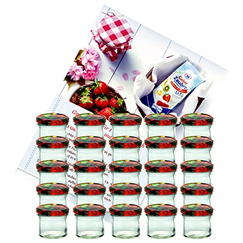 MamboCat 25er Set Sturzglas 125 ml Marmeladenglas Einmachglas Einweckglas To 66 Obst Dekor Deckel incl. Diamant-Zucker Gelierzauber Rezeptheft von MamboCat