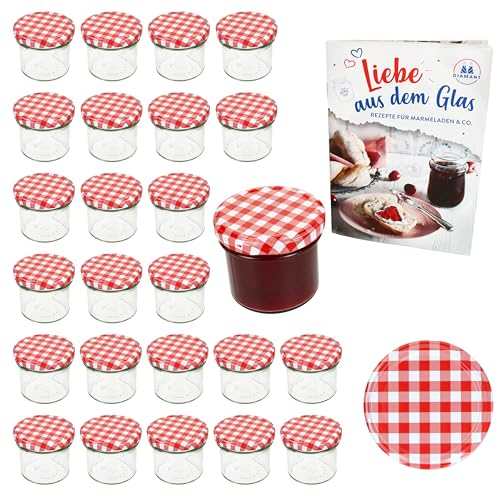 MamboCat 25er Set Sturzglas 125 ml mit Schraub-Deckel Rot kariert I Einmachgläser + TO 66 Deckel mit Diamant-Zucker-Rezept I Vorratsgläser konservieren & sterilisieren von MamboCat
