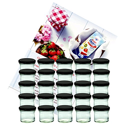 MamboCat 25er Set Sturzglas 125 ml Marmeladenglas Einmachglas Einweckglas To 66 schwarzer Deckel incl. Diamant-Zucker Gelierzauber Rezeptheft von MamboCat