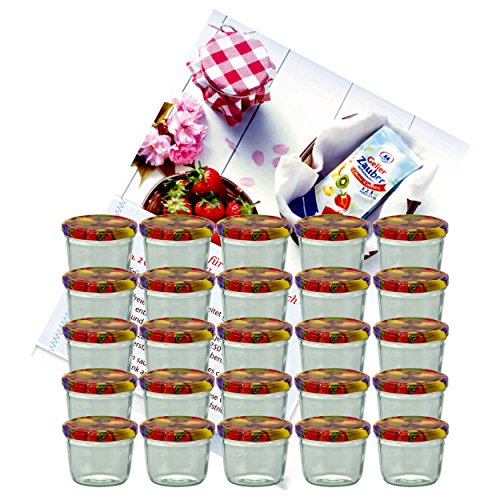 MamboCat 25er Set Sturzglas 230 ml Marmeladenglas Einmachglas Einweckglas to 82 Obst Dekor Deckel incl. Diamant-Zucker Gelierzauber Rezeptheft von MamboCat