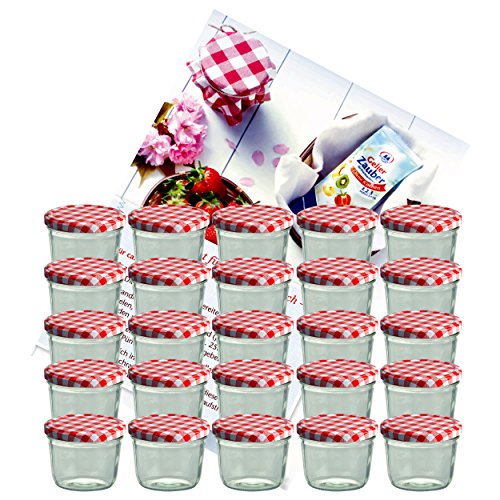 MamboCat 25er Set Sturzglas 230 ml Marmeladenglas Einmachglas Einweckglas to 82 rot Karierter Deckel incl. Diamant-Zucker Gelierzauber Rezeptheft von MamboCat