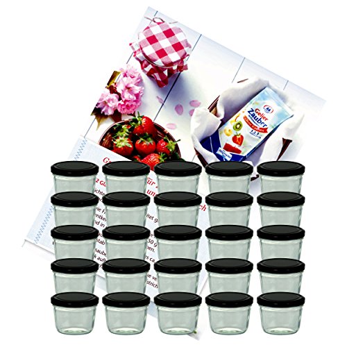 MamboCat 25er Set Sturzglas 230 ml Marmeladenglas Einmachglas Einweckglas to 82 schwarzer Deckel incl. Diamant-Zucker Gelierzauber Rezeptheft von MamboCat