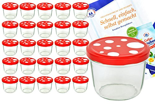 MamboCat 25er Set Sturzglas 230 ml to 82 Fliegenpilz Deckel rot weiß gepunktet incl. Diamant Gelierzauber Rezeptheft Marmeladenglas Einmachglas Einweckglas von MamboCat