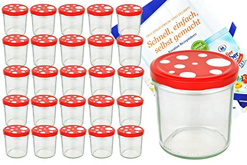 MamboCat 25er Set Sturzglas 350 ml to 82 Fliegenpilz Deckel rot weiß gepunktet incl. Diamant Gelierzauber Rezeptheft Marmeladenglas Einmachglas Einweckglas von MamboCat