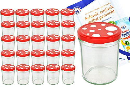 MamboCat 25er Set Sturzglas 435 ml to 82 Fliegenpilz Deckel rot weiß gepunktet incl. Diamant Gelierzauber Rezeptheft Marmeladenglas Einmachglas Einweckglas von MamboCat