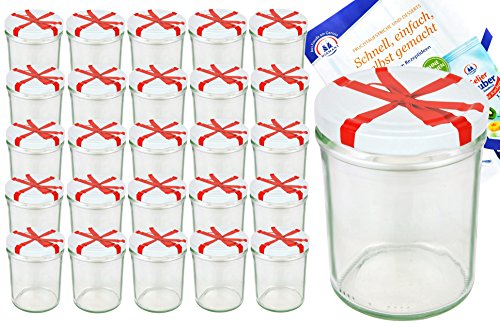 MamboCat 25er Set Sturzglas 435 ml to 82 weißer Deckel mit Schleifendekor incl. Diamant Gelierzauber Rezeptheft Marmeladenglas Einmachglas Einweckglas von MamboCat