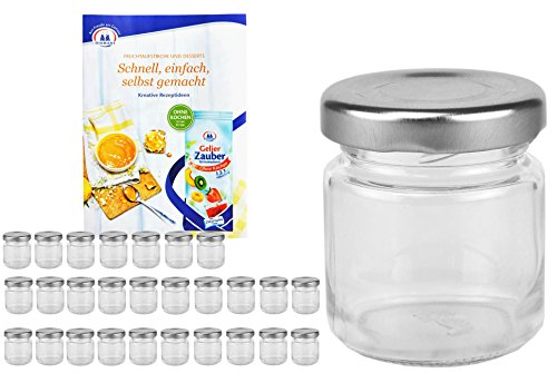 MamboCat 28er Set Rundgläser 53 ml Deckelfarbe silber TO 43 inkl. Diamant Gelierzauber Rezeptheft, Einmachgläser, Einkochgläser, Vorratsgläser, Mini Sturzgläser, Obstgläser, Portionsgläser, Gläser von MamboCat