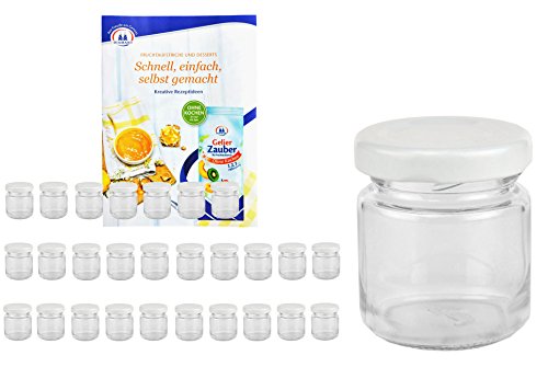 MamboCat 28er Set Rundgläser 53 ml Deckelfarbe weiß TO 43 inkl. Diamant Gelierzauber Rezeptheft, Einmachgläser, Einkochgläser, Vorratsgläser, Mini Sturzgläser, Obstgläser, Portionsgläser, Gläser von MamboCat