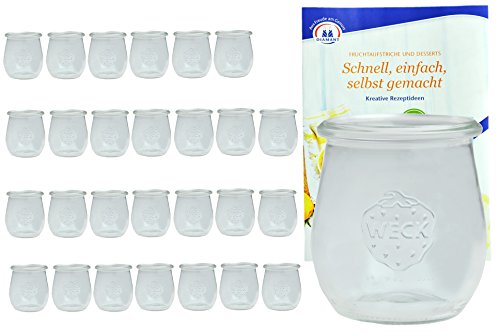 MamboCat 28er Set Weckgläser 220 ml Tulpenform I Original Weck Tulpenglas Dessertglas I Einweckgläser für Obst Gemüse UVM I Weck Gläser ohne Deckel inkl. Diamant-Zucker Gelierzauber Rezeptheft von MamboCat