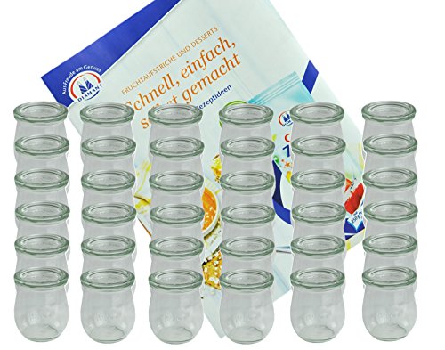 MamboCat 36er Set Weck Gläser 220 ml Tulpengläser mit 36 Glasdeckeln incl. Diamant-Zucker Gelierzauber Rezeptheft I Weck Tulpenglas Dessertglas I Einweckgläser mit Deckel für Obst Gemüse uvm von MamboCat