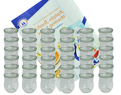 MamboCat 36er Set Weck Gläser 220 ml Tulpengläser mit 36 Glasdeckeln incl. Diamant-Zucker Gelierzauber Rezeptheft I Weck Tulpenglas Dessertglas I Einweckgläser mit Deckel für Obst Gemüse UVM von MamboCat