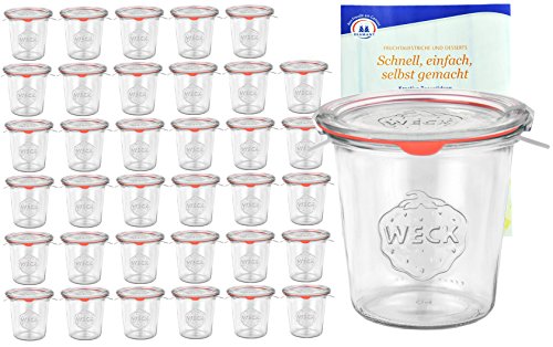 MamboCat 36er Set Weck Gläser 580ml 1/2 Liter Sturzgläser mit 36 Glasdeckeln, 36 Einkochringen und 72 Klammern inkl. Diamant-Zucker Gelierzauber Rezeptheft I Original Weck Sturzgläser von MamboCat