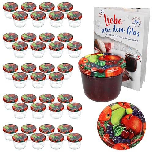 MamboCat 40er Set Sturzgläser 230 ml mit Obst Dekor Deckel to 82 inkl. Diamant Gelierzauber Rezeptheft Marmeladengläser Einmachgläser Einweckgläser von MamboCat