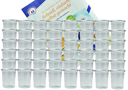 MamboCat 48er Set Weckgläser Sturzglas 160 ml I Original Weck Sturzglas Dessertglas I Einweckgläser für Kuchen Gelees UVM I Sturzgläser ohne Deckel inkl. Diamant-Zucker Gelierzauber Rezeptheft von MamboCat