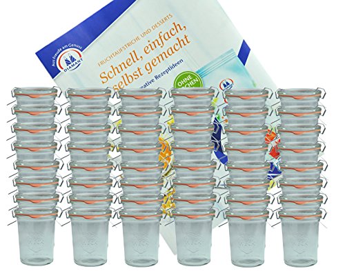 MamboCat 48er Set Weck Gläser 160 ml Sturzgläser mit 48 Glasdeckeln, 48 Einkochringen und 96 Klammer inkl. Diamant-Zucker Gelierzauber Rezeptheft I Original Weck Sturzgläser für Kuchen Gelees uvm von MamboCat