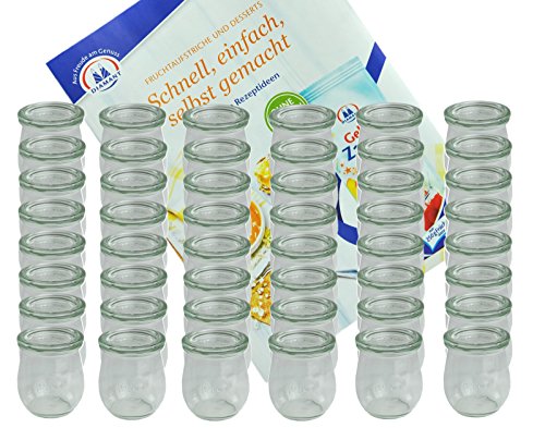 MamboCat 48er Set Weck Gläser 220 ml Tulpengläser mit 48 Glasdeckeln incl. Diamant-Zucker Gelierzauber Rezeptheft I Weck Tulpenglas Dessertglas I Einweckgläser mit Deckel für Obst Gemüse uvm von MamboCat