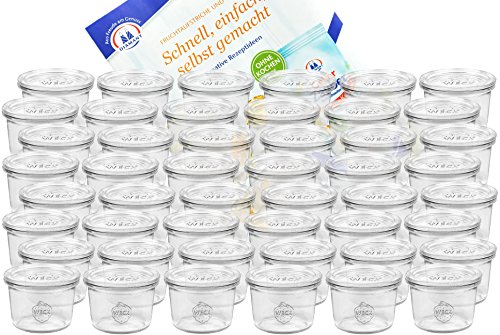 MamboCat 48er Set Weck Gläser 80ml Sturzgläser mit 48 Glasdeckeln mit Gelierzauber Rezeptheft von Diamantzucker I Original Weck Sturzglas Dessertglas I Einweckgläser mit Deckel für Kuchen Gelees von MamboCat