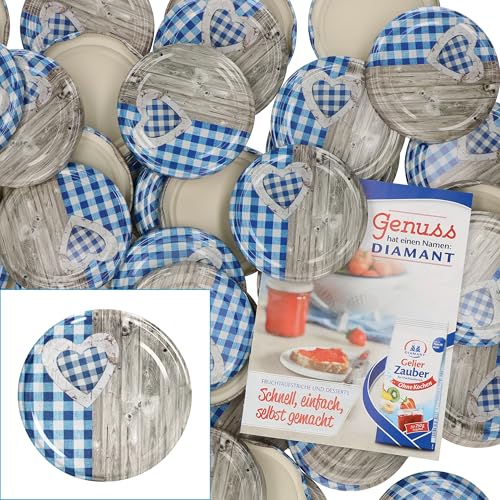 MamboCat 50er Deckelset TO82 Holz-Herz blau-weiß I Twist-Off-Deckel für Sturzgläser I Rundrand I Einkochen & Konservieren I passend für 230ml/350ml/435ml von MamboCat