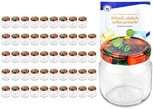 MamboCat 50er Set Rundgläser 212 ml nieder Deckelfarbe Obst Dekor to 66 inkl. Diamant Gelierzauber Rezeptheft, Marmeladengläser, Einmachgläser, Einweckgläser, Gläser von MamboCat