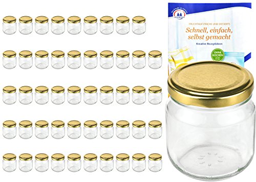 MamboCat 50er Set Rundgläser 212 ml nieder Deckelfarbe Gold to 66 inkl. Diamant Gelierzauber Rezeptheft, Marmeladengläser, Einmachgläser, Einweckgläser, Gläser von MamboCat