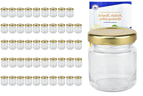 MamboCat 50er Set Rundgläser 53 ml Deckelfarbe gold TO 43 inkl. Diamant Gelierzauber Rezeptheft, Einmachgläser, Einkochgläser, Vorratsgläser, Mini Sturzgläser, Obstgläser, Portionsgläser, Gläser von MamboCat