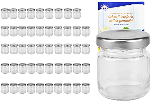 MamboCat 50er Set Rundgläser 53 ml Deckelfarbe silber TO 43 inkl. Diamant Gelierzauber Rezeptheft, Einmachgläser, Einkochgläser, Vorratsgläser, Mini Sturzgläser, Obstgläser, Portionsgläser, Gläser von MamboCat