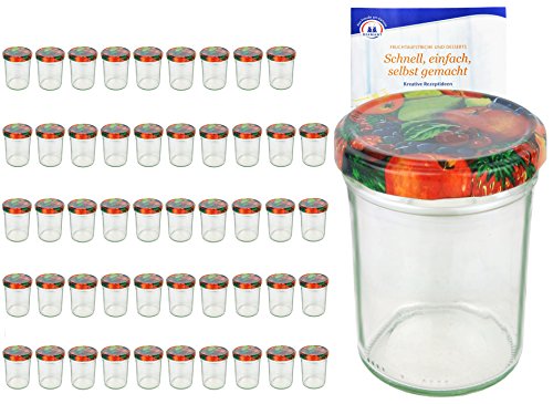 MamboCat 50er Set Sturzgläser 230 ml Hoch Deckelfarbe Obst Dekor to 66 inkl. Diamant Gelierzauber Rezeptheft, Marmeladengläser, Einmachgläser, Einweckgläser, Gläser von MamboCat