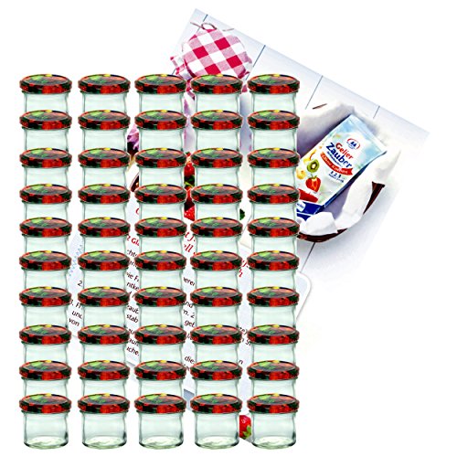 MamboCat 50er Set Sturzglas 125 ml Marmeladenglas Einmachglas Einweckglas to 66 Obst Dekor Deckel incl. Diamant-Zucker Gelierzauber Rezeptheft von MamboCat