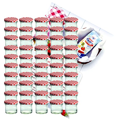 MamboCat 50er Set Sturzglas 125 ml Marmeladenglas Einmachglas Einweckglas To 66 rot karierter Deckel incl. Diamant-Zucker Gelierzauber Rezeptheft von MamboCat